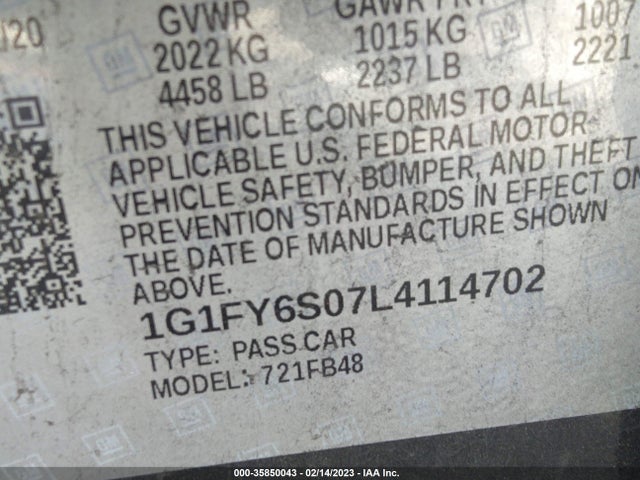 2020 Chevrolet Bolt EV, VIN: 1G1FY6S07L4114702