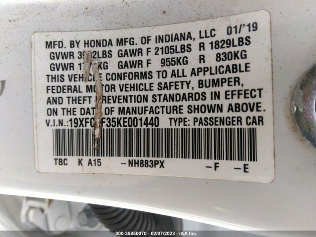 Honda Civic Sedan Ex 2019 19XFC1F35KE001440 Image 10
