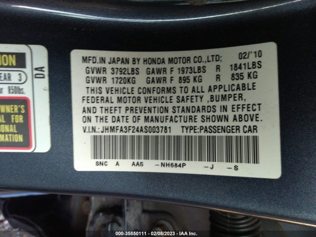 2010 HONDA CIVIC HYBRID VIN: JHMFA3F24AS003781