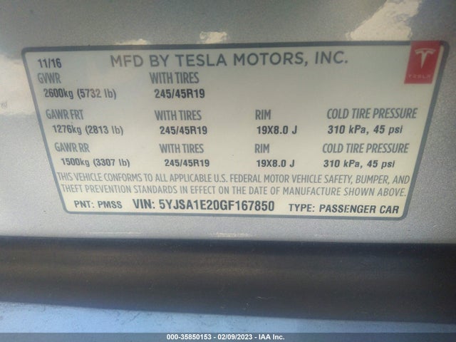 2016 Tesla Model S, VIN: 5YJSA1E20GF167850