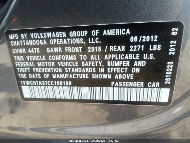 1VWCH7A37CC108199 Volkswagen Passat Sel Premium