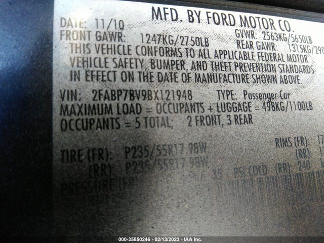 2011 FORD POLICE INTERCEPTOR VIN: 2FABP7BV9BX121948