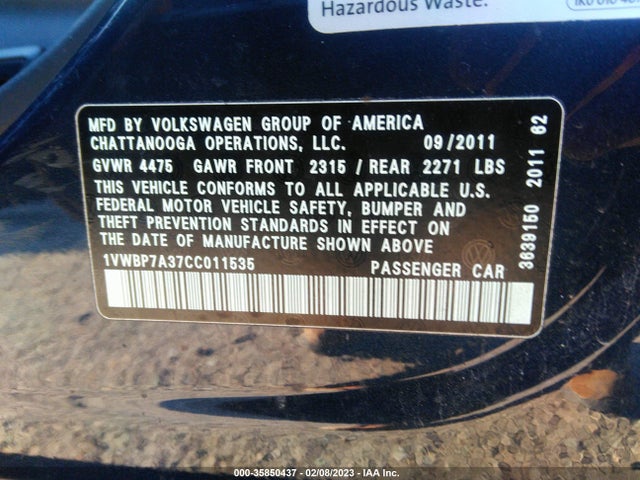 1VWBP7A37CC011535 Volkswagen Passat