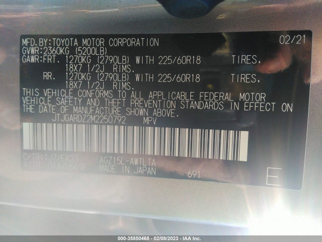 2021 Lexus NX, VIN: JTJGARDZ2M2250792