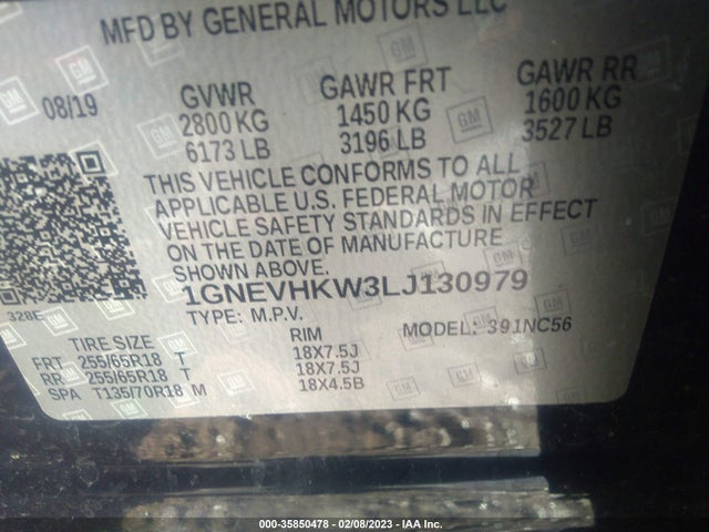 Chevrolet Traverse Lt Leather 2020 1GNEVHKW3LJ130979 Image 10