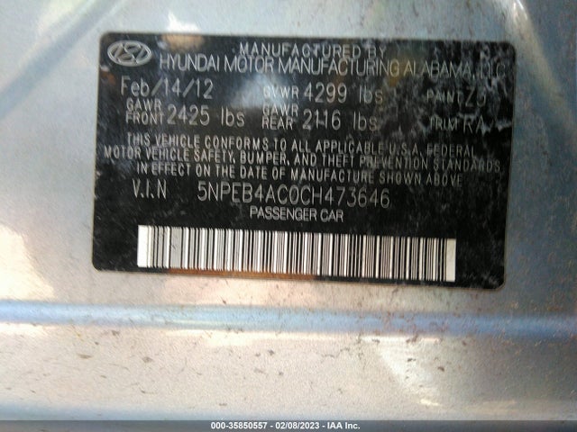 2012 HYUNDAI SONATA GLS PZEV VIN: 5NPEB4AC0CH473646