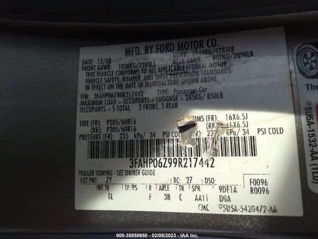 2009 FORD FUSION S VIN: 3FAHP06Z99R217442
