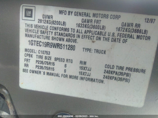 GMC SIERRA 1500 1998 1GTEC19R9WR511280 Image 10
