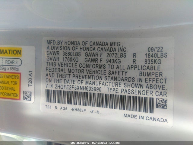 2022 Honda Civic, VIN: 2HGFE2F5XNH603990
