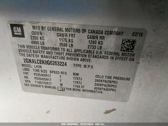 Chevrolet EQUINOX LT 2016 2GNALCEK8G6263224 Image 9