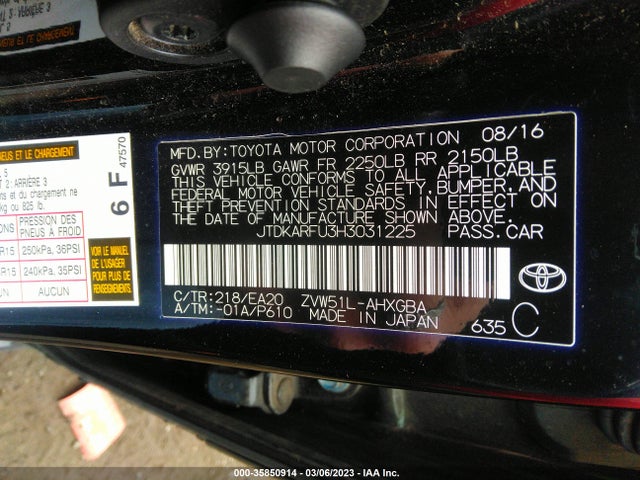 Toyota Prius Two/two Eco/three 2017 JTDKARFU3H3031225 Image 9