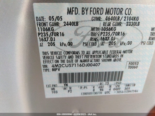 2006 MERCURY MARINER LUXURY/PREMIER VIN: 4M2CU57116DJ00407