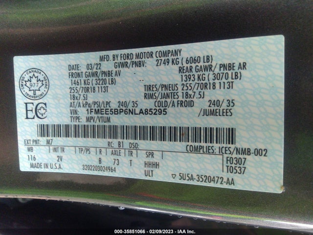 2022 FORD BRONCO BASE/BIG BEND VIN: 1FMEE5BP6NLA85295