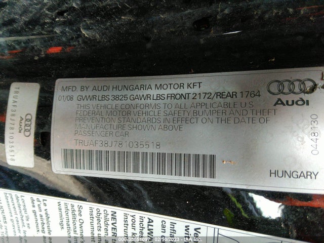 TRUAF38J781035518 Audi Tt 2.0t