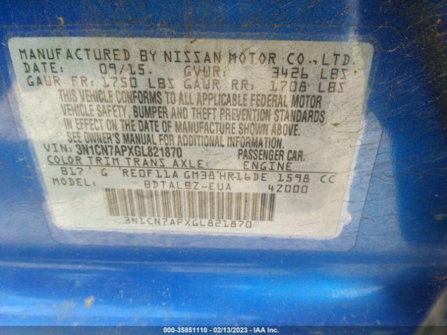 3N1CN7APXGL821870 Nissan VERSA SV