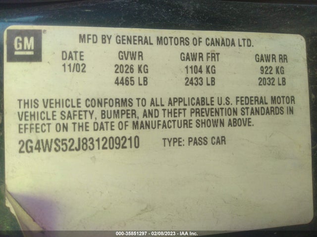 2003 BUICK CENTURY CUSTOM VIN: 2G4WS52J831209210