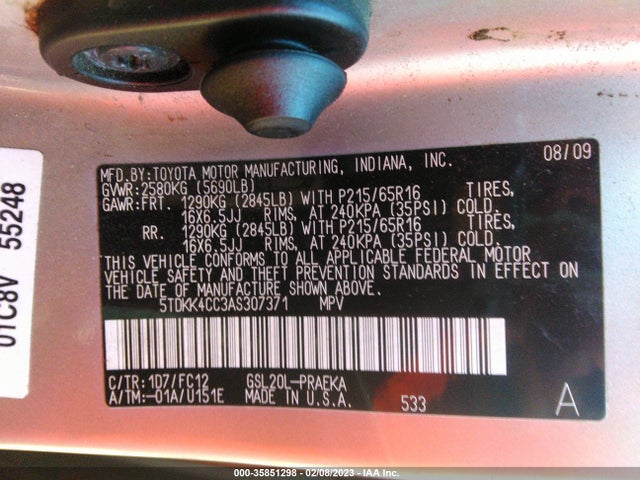 2010 TOYOTA SIENNA CE/LE VIN: 5TDKK4CC3AS307371