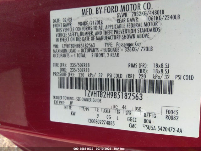 2008 FORD MUSTANG GT VIN: 1ZVHT82H985182563