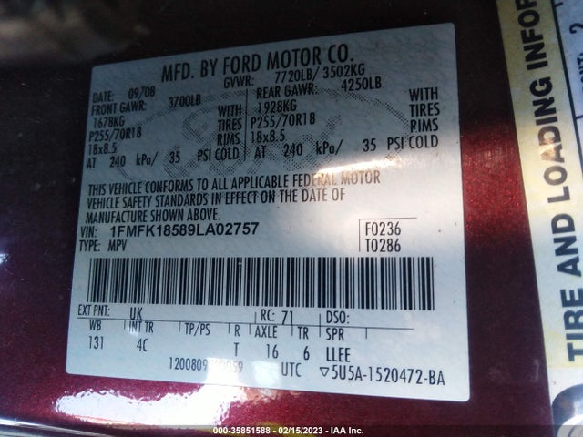 2009 FORD EXPEDITION EL EDDIE BAUER/KING RANCH VIN: 1FMFK18589LA02757