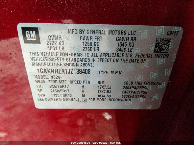 1GKKNRLA1JZ138408 GMC ACADIA SLE