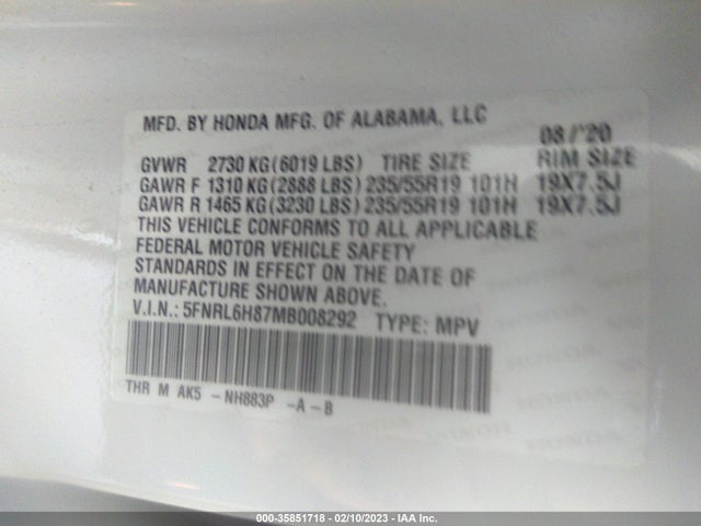 2021 HONDA ODYSSEY TOURING VIN: 5FNRL6H87MB008292