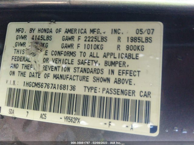 2007 HONDA ACCORD SDN EX/EX-L VIN: 1HGCM56767A168136