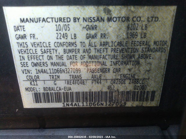 2006 NISSAN ALTIMA 2.5 S VIN: 1N4AL11D66N327099