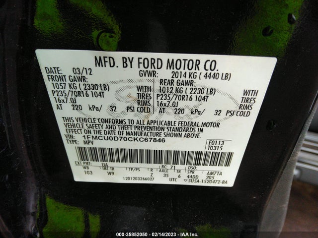 2012 FORD ESCAPE XLT VIN: 1FMCU0D70CKC67846