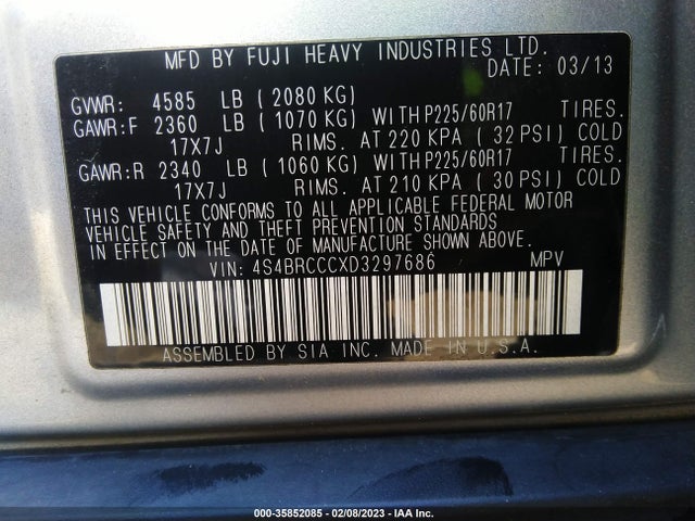2013 SUBARU OUTBACK 2.5I PREMIUM VIN: 4S4BRCCCXD3297686