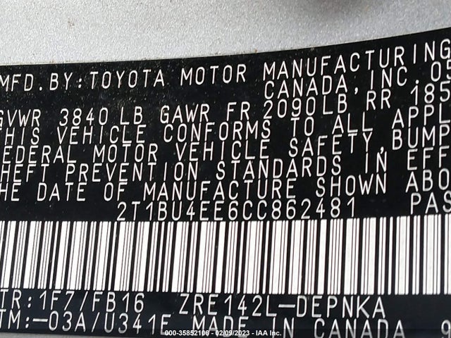 2012 TOYOTA COROLLA L/LE/S VIN: 2T1BU4EE6CC862481
