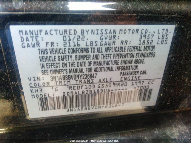 2022 Nissan Sentra, VIN: 3N1AB8BV0NY236847