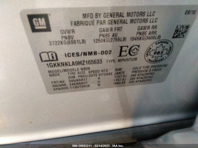 GMC ACADIA SLE 2017 1GKKNKLA9HZ165633 Image 9