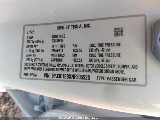 Tesla Model 3 Long Range 2022 5YJ3E1EBXNF305528 Image 9