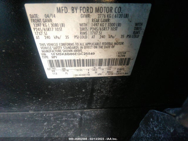 2014 FORD EXPLORER BASE VIN: 1FM5K8B86EGC25549
