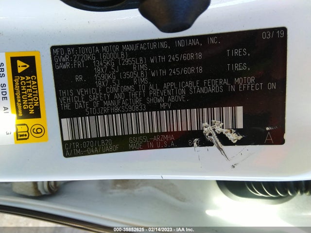 Toyota Highlander Se/xle 2019 5TDJZRFH8KS590833 Image 9