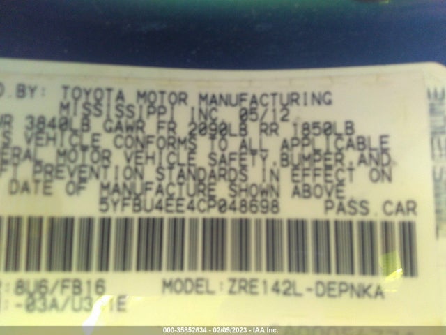 2012 TOYOTA COROLLA L/LE/S VIN: 5YFBU4EE4CP048698