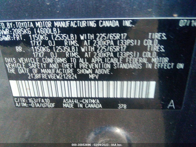 2014 TOYOTA RAV4 XLE VIN: 2T3RFREV6EW212824