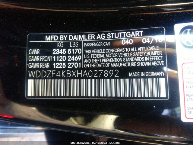 2017 MERCEDES-BENZ E-CLASS E 300 VIN: WDDZF4KBXHA027892