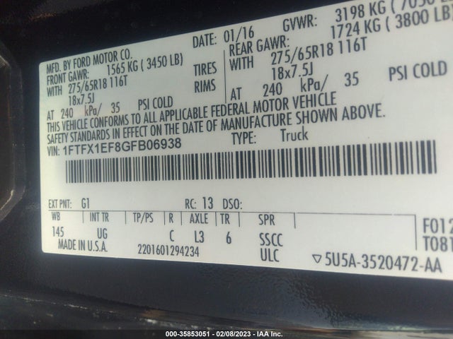 2016 Ford F-150, VIN: 1FTFX1EF8GFB06938
