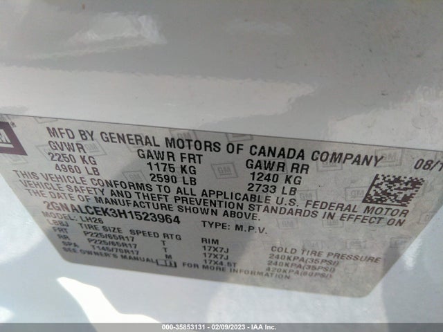 Chevrolet EQUINOX LT 2017 2GNALCEK3H1523964 Image 10