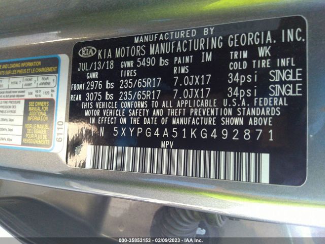 5XYPG4A51KG492871 KIA Sorento Lx V6