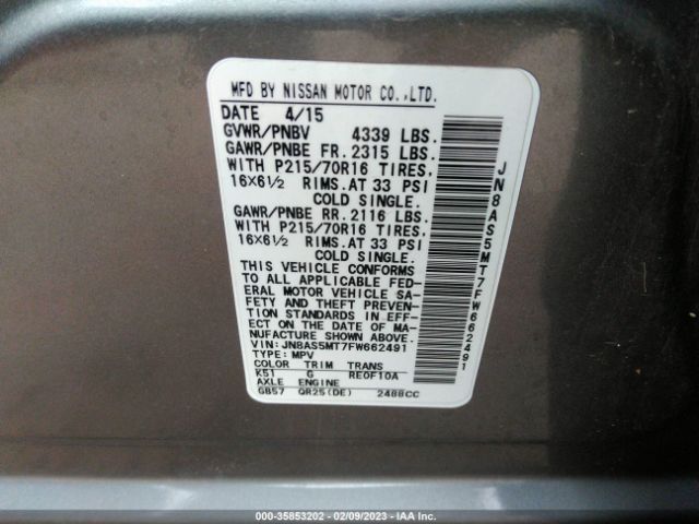 JN8AS5MT7FW662491 Nissan Rogue Select S
