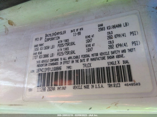 Dodge RAM 1500 2000 1B7HC13Y5YJ168806 Image 10