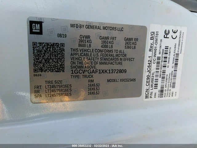 2019 Chevrolet Express, VIN: 1GCWGAF1XK1372809