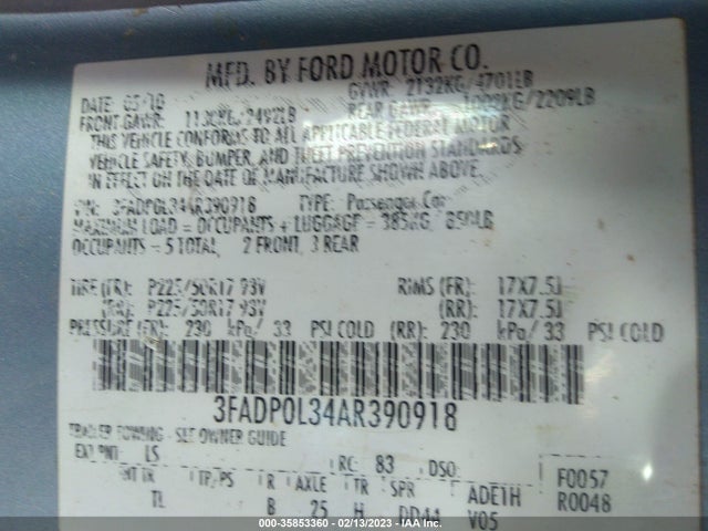 2010 FORD FUSION HYBRID VIN: 3FADP0L34AR390918