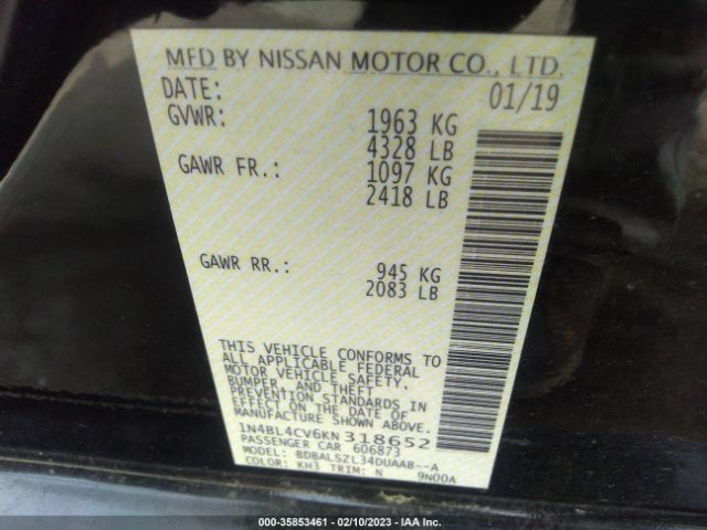 1N4BL4CV6KN318652 Nissan Altima 2.5 Sr