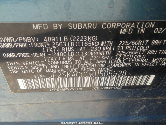 2019 Subaru Forester, VIN: JF2SKACC0KH505928