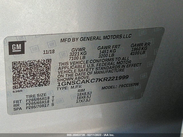 2019 Chevrolet Tahoe, VIN: 1GNSCAKC7KR221999