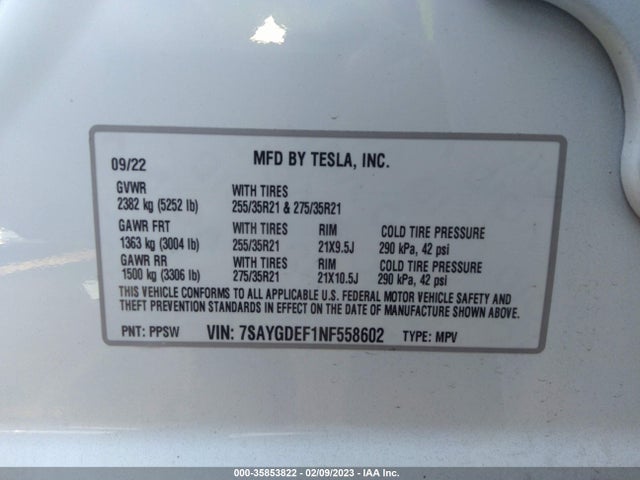 2022 Tesla Model Y, VIN: 7SAYGDEF1NF558602