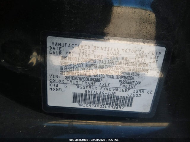 2013 NISSAN VERSA S VIN: 3N1CN7AP0DL893897